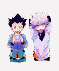  2boys arms_behind_head arms_up belt belt_buckle black_belt black_hair black_shirt buckle candy cropped_legs food food_on_face food_wrapper gon_freecss green_jacket green_pants holding holding_food holding_sandwich hunter_x_hunter jacket killua_zoldyck layered_sleeves lollipop lollipop_in_mouth long_sleeves male_focus multiple_boys orange_trim pants red_eyes sandwich shirt short_hair short_over_long_sleeves short_sleeves side-by-side sleeve_cuffs smcms-m violet_eyes white_hair white_sleeves widow's_peak 