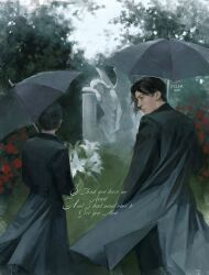  2boys angel_statue black_coat black_hair ciel_phantomhive coat cursive day ecler_ecler english_text feet_out_of_frame from_behind highres holding holding_umbrella kuroshitsuji looking_at_viewer looking_back male_focus multiple_boys outdoors painterly rose_bush sebastian_michaelis short_hair statue umbrella walking 