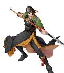 1boy armor black_armor black_boots black_pants boots fire_emblem fire_emblem_fates full_body green_shirt haitaka_(fire_emblem) highres holding holding_polearm holding_weapon japanese_armor japanese_clothes looking_at_viewer male_focus naginata official_art pants polearm shirt solo third-party_source weapon 