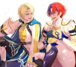  2boys alear_(fire_emblem) alear_(male)_(fire_emblem) alfred_(fire_emblem) ascot blonde_hair cape fire_emblem fire_emblem_engage gloves green_eyes hair_ornament heterochromia highres kino40346033 long_sleeves looking_at_another male_focus multicolored_hair multiple_boys open_mouth short_hair sitting smile white_background 