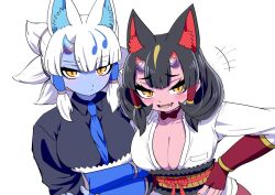  2girls animal_ears black_fur black_hair black_shirt blonde_hair blue_gloves blue_hair blue_necktie blue_skin blunt_bangs blush bow bowtie brown_fur collared_shirt colored_skin extra_ears fangs fingerless_gloves fox_ears fox_girl fur_trim ginkaku_(kemono_friends) gloves hair_between_eyes hair_tubes horns kemono_friends kinkaku_(kemono_friends) mamiyama multicolored_hair multiple_girls necktie open_mouth puffy_short_sleeves puffy_sleeves quad_tails red_bow red_bowtie red_gloves red_skin shirt short_hair short_sleeves short_twintails sidelocks single_horn twintails white_fur white_hair white_shirt yellow_eyes 