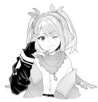  1girl :3 belt bow closed_mouth eve_project_(studio_wasabi) facial_mark fingerless_gloves gloves greyscale hair_bow half_updo head_tilt hoshizaki_rakina jacket kyuzechu long_sleeves looking_at_viewer monochrome one_eye_closed scarf shirt solo twintails 