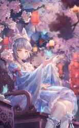  1girl animal_ear_hairband animal_ears apron architecture artist_request blue_butterfly blue_dress blue_sky bow brooch bug butterfly cherry_blossom_print cherry_blossoms closed_mouth clouds cowboy_shot dress east_asian_architecture fake_animal_ears falling_petals floral_print flower flower_knot frilled_apron frilled_bow frilled_hairband frilled_socks frills game_cg grey_hair hair_bow hairband happy highres house japanese_clothes jewelry juliet_sleeves kimono_dress knees lace-trimmed_dress lace_trim lantern light_particles lolita_fashion lolita_hairband long_sleeves looking_at_animal looking_at_another medium_dress night nikki_(series) official_alternate_color official_art on_bench outdoors paper_lantern petals pink_bow pink_flower pink_hairband pink_ribbon puffy_sleeves rabbit_ear_hairband rabbit_ears ribbon ribbon_legwear see-through_clothes see-through_socks shining_nikki short_hair_with_long_locks single_sidelock sitting sky sleeve_bow smile socks solo spring_(season) spring_cherry_(shining_nikki) tassel tree wa_lolita white_apron white_socks wide_sleeves yellow_eyes yexiao_(shining_nikki) 