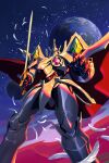  absurdres artofwill cape commentary earth_(planet) english_commentary escaflowne falling_feathers feet_out_of_frame highres holding holding_sword holding_weapon mecha night night_sky planet red_cape robot sky solo standing star_(sky) starry_sky sword tenkuu_no_escaflowne weapon 