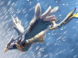  1boy armor beak bird_boy bird_wings blue_feathers braid closed_mouth eyeliner facial_mark feathers flying full_body green_eyes makeup monster_boy multiple_braids outstretched_arms profile red_eyeliner revali rito shoulder_armor solo the_legend_of_zelda the_legend_of_zelda:_breath_of_the_wild tsuyuga wings 