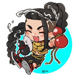  1boy :3 :d ^_^ black_hair black_pants black_shoes braid chibi chibi_only closed_eyes commentary_request eyeshadow gourd holding holding_gourd jacket jamie_siu liquid long_hair makeup male_focus mhmk_game navel official_alternate_costume pants red_eyeshadow shoes smile solo street_fighter street_fighter_6 undercut very_long_hair yellow_jacket 