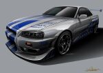  2_fast_2_furious car grey_background highres motor_vehicle nissan_skyline nissan_skyline_gt-r nissan_skyline_r34 no_humans shadow signature spoiler_(automobile) the_fast_and_the_furious tsu-chan vehicle_focus 