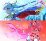  2girls absurdres ahoge blue_cape blue_eyes blue_hair bow brooch cape character_name choker closed_eyes closed_mouth commentary cone_hair_bun cure_precious cure_sky cut_bangs delicious_party_precure dress earclip earrings facing_to_the_side frilled_hairband frills gloves hair_bow hair_bun hairband heart_brooch highres hirogaru_sky!_precure jewelry kome-kome_(precure) long_hair looking_to_the_side magical_girl multicolored_hair multiple_girls nagomi_yui off-shoulder_dress off_shoulder pink_hair precure red_bow red_cape red_choker series_connection single_sidelock smile sora_harewataru streaked_hair tsukuda_hayato twintails two-sided_cape two-sided_fabric two_side_up white_gloves wind wing_hair_ornament 