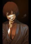  1boy absurdres black_eyes brown_hair cigarette dark_background edamameko210 feathers hair_over_eyes highres hitomi_hirosuke_(sayonara_wo_oshiete) holding holding_cigarette looking_at_viewer male_focus robe sayonara_wo_oshiete short_hair sketch smoking solo straight-on sweat upper_body 