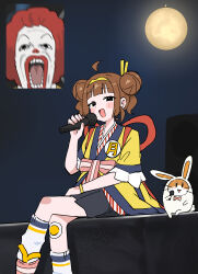  1boy 1girl absurdres afro ahoge animal_costume back_ribbon badge bandaid bandaid_on_leg bereal black_eyes black_skirt blush_stickers bow bowtie bracelet brown_hair button_badge clown crossed_legs double_bun facepaint fan_screaming_at_madison_beer_(meme) furisode_sleeves hair_bun hair_ornament hairband half-closed_eyes hamster highres holding holding_microphone imadake_dabuchi_tabesuke imadake_tsukimi_tabemi japanese_clothes jewelry kanzashi kimono mcdonald&#039;s meme microphone moon music okobo open_mouth pink_bow pink_bowtie pink_sash platform_sandals rabbit_costume red_hair ronald_mcdonald sandals sash short_sleeves shouting singing sitting skirt socks striped_clothes striped_kimono tenten_(chan4545) vertical-striped_clothes vertical-striped_kimono white_socks yellow_hairband yellow_happi 