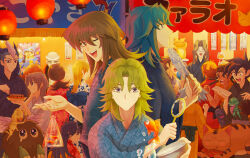  3girls 6+boys bag bagged_fish bald cat character_request commentary_request daitokuji dango duel_monster edo_phoenix fish food fujiwara_yuusuke glasses goldfish goldfish_scooping hand_fan japanese_clothes kimono kuriboh lantern maneki-neko manjoume_jun marufuji_ryo marufuji_sho moisukii multicolored_hair multiple_boys multiple_girls night ojama_black ojama_green ojama_yellow one_eye_closed open_mouth outdoors paper_lantern pharaoh_(cat) poi_(goldfish_scoop) saio_takuma saotome_rei streaked_hair summer_festival tenjouin_asuka tenjouin_fubuki tyranno_kenzan wagashi winged_kuriboh yellow_kimono yu-gi-oh! yu-gi-oh!_gx yuki_judai 