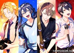  4boys :d ;d ^_^ belt belt_buckle black_belt black_hair black_hakama black_kimono blonde_hair blue_eyes blue_necktie breast_pocket brown_eyes brown_hair buckle cable camera camera_around_neck center-flap_bangs chain-link_fence closed_eyes collarbone collared_shirt column_lineup copyright_notice cowboy_shot day dusk earrings fence genzuki_toujirou goal hair_behind_ear hair_between_eyes hakama holding holding_camera holding_sword holding_weapon japanese_clothes jewelry kagami_hayato kanda_shouichi kendo kimono light_blush long_hair looking_at_viewer male_focus multiple_boys necktie nijisanji official_art one_eye_closed parted_bangs parted_lips pocket ponytail purple_hair red_eyes school_uniform serious shinai shirt shirt_tucked_in short_hair short_sleeves sidelocks sideways_glance sleeves_rolled_up smile soccer_field soccer_uniform sportswear standing stud_earrings sword undershirt virtual_youtuber weapon white_shirt wing_collar wooden_sword yumeoi_kakeru yuuichi_(bobobo) 