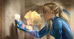  2girls absurdres aged_down blonde_hair blue_bodysuit blue_eyes bodysuit braid carving child dual_persona highres long_hair max_kay metroid multiple_girls ponytail remembering samus_aran short_hair side_braids smile zero_suit 