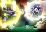  3boys animal_ears animal_nose battle black_hair black_sclera blocking blue_armor blue_fur blue_sash body_fur character_request colored_sclera copyright_request dougi dragon_ball dragon_ball_heroes dragon_ball_super dragon_ball_z earrings fighting flying_kick furry furry_male gloves hedgehog hedgehog_ears hedgehog_tail high_kick highres humanoid_robot jewelry kicking male_focus metallix_(smbz) metamoran_vest multicolored_fur multiple_boys muscular muscular_male nazo_unleashed pectorals pointy_nose potara_earrings red_eyes red_footwear red_fur robot sash shadic_the_hedgehog smile sonic_(series) spiky_hair super_mario_bros_z two-tone_fur vegetto white_gloves yennk999 