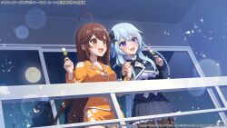  2girls :d ahoge assault_lily balcony black_bow black_skirt blue_hair blush bow bowtie braid breast_pocket breasts brown_hair brown_pantyhose building buttons center_frills collarbone commentary_request copyright_notice cowboy_shot cropped_jacket dango dutch_angle fang fingernails floral_print food frilled_shirt frilled_shirt_collar frilled_skirt frills from_below full_moon garter_straps hair_between_eyes hair_bow hair_down hands_up highres holding holding_food holding_hands interlocked_fingers light_particles long_hair long_sleeves looking_ahead masami_(souzou_jinsei_sanka) medium_breasts miniskirt moon mori_tatsuki multiple_girls night official_alternate_costume official_art open_mouth orange_pajamas orange_shorts outdoors pajamas pantyhose pleated_skirt pocket print_pajamas print_shorts railing reflection sanshoku_dango school_uniform shirt shorts side-by-side side_slit side_slit_shorts sidelocks skirt sleeves_past_wrists smile standing symbol-shaped_pupils takasuga_tsukushi twin_braids underbust very_long_hair wagashi white_bow white_bowtie white_shirt window yellow_eyes yurigaoka_girls_academy_school_uniform 
