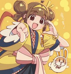  1girl ahoge animal_costume back_ribbon badge black_eyes blush brown_hair button_badge double_bun furisode_sleeves fyan_sui hair_bun hair_ornament hairband hamster hand_up highres imadake_dabuchi_tabesuke imadake_tsukimi_tabemi japanese_clothes kanzashi kimono mcdonald's pink_sash pointing pointing_at_viewer rabbit_costume sash short_sleeves striped_clothes striped_kimono upper_body vertical-striped_clothes vertical-striped_kimono yellow_background yellow_hairband yellow_happi 