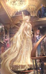  1girl absurdly_long_hair artist_request ballroom bare_shoulders blonde_hair circlet dress expressionless faceless faceless_female full_body game_cg gold_armlet gold_circlet gold_necklace gown green_eyes highres indoors jewelry lips long_dress long_hair necklace night nikki_(series) official_art parted_lips people pillar pink_lips railing shimmering_star_(shining_nikki) shining_nikki solo_focus sparkle spiral_staircase stairs standing very_long_hair wavy_hair window yellow_dress yesenia_(shining_nikki) 
