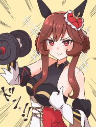  1girl animal_ears braid braided_hair_rings brown_hair dumbbell ear_covers echieichi gentildonna_(umamusume) gloves hair_rings highres holding holding_dumbbell horse_ears horse_girl smile solo strong thumbs_up umamusume upper_body white_gloves 