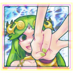  1girl chain circlet collarbone flick gold_chain gold_choker green_eyes green_hair highres kid_icarus kid_icarus_uprising looking_at_viewer nail_polish open_mouth palutena santurn solo watermark 