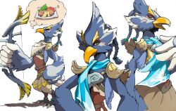  1boy aqua_scarf armor bird_boy bird_wings blue_feathers bow_(weapon) braid eyeliner facial_mark feathers food full_body green_eyes hand_on_own_chest holding holding_bow_(weapon) holding_weapon image_in_thought_bubble makeup male_focus monster_boy multiple_braids multiple_views open_mouth red_eyeliner revali rito scarf shoulder_armor smile solo sparkle talons the_legend_of_zelda the_legend_of_zelda:_breath_of_the_wild tsuyuga upper_body weapon white_background wings 