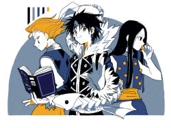  3boys arm_up black_eyes black_hair book chrollo_lucilfer closed_mouth color_guide cropped_legs earrings facial_mark fish_skeleton forehead_mark fur-trimmed_collar fur-trimmed_sleeves fur_trim hisoka_morow holding holding_book hunter_x_hunter illumi_zoldyck jewelry long_hair long_sleeves looking_at_viewer looking_back male_focus multiple_boys open_book orange_hair piercing profile sash short_hair sleeveless smcms-m smile sphere_earrings teardrop_facial_mark very_long_hair white_background 