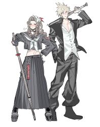 1boy 1girl aerith_gainsborough aerith_gainsborough_(midgard_seventh_high_school) bandaged_chest baseball_bat black_choker black_gloves black_jacket black_pants black_sailor_collar black_serafuku black_shirt black_shoes black_skirt blonde_hair blush brown_hair chain choker cloud_strife cloud_strife_(midgard_seventh_high_school) collared_shirt crop_top delinquent final_fantasy final_fantasy_vii final_fantasy_vii_ever_crisis flower full_body gakuran gloves hair_flower hair_ornament hair_ribbon hand_in_pocket hand_on_own_hip highres holding holding_baseball_bat holding_staff jacket lentymet long_hair long_skirt long_sleeves midriff navel neckerchief official_alternate_costume over_shoulder pants parted_bangs pleated_skirt red_ribbon ribbon sailor_collar school_uniform serafuku shirt shoes short_hair side_ponytail sidelocks skirt spiky_hair staff sukeban weapon weapon_over_shoulder white_background white_flower white_neckerchief white_shirt 