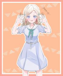  1girl :d aqua_neckerchief arms_up blue_eyes blush borrowed_accessory borrowed_hairstyle catchphrase ceras_yanagida_lilienfeld collarbone commentary dress expressive_hair feet_out_of_frame grey_dress grey_hair hair_ornament hair_ribbon hasu_no_sora_school_uniform highres himizusan hinoshita_kaho link!_like!_love_live! looking_at_viewer love_live! medium_dress neckerchief open_hands open_mouth orange_background outline pink_ribbon pleated_dress rabbit_hair_ornament ribbon sailor_collar sailor_dress school_uniform short_sleeves simple_background smile solo standing straight-on summer_uniform two_side_up virtual_youtuber white_outline white_sailor_collar 