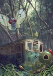  abandoned absurdres antennae black_eyes butterfree caterpie commentary_request day evolutionary_line fangs flying forest grass ground_vehicle highres king_joe_(neoroto) leaf metapod nature no_humans outdoors overgrown plant pokemon pokemon_(creature) red_eyes train tree 