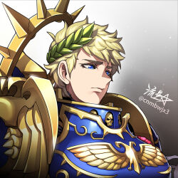  1boy armor blonde_hair blue_eyes commentary english_commentary gradient_background laurel_crown light_frown male_focus mismatched_eyebrows portrait profile roboute_guilliman ryuusei_(mark_ii) signature solo twitter_username warhammer_40k 
