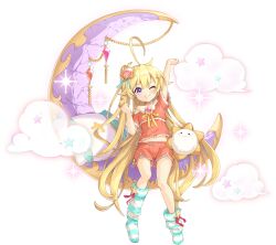  1girl ahoge apollo_(legend_clover) arm_up artist_request breasts clenched_hand clouds crescent_moon four-pointed_star full_body game_cg hair_ornament highres huge_ahoge legend_clover long_hair moon navel official_alternate_costume official_art one_eye_closed pajamas single_bare_shoulder sitting small_breasts smile solo star_(symbol) star_hair_ornament star_in_eye symbol_in_eye third-party_source transparent_background violet_eyes 