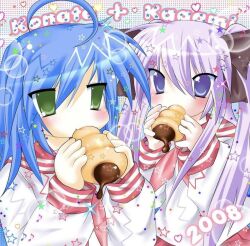  2000s_(style) 2008 2girls ahoge blue_hair blush bow canihavepromo character_name chocolate_cornet dessert eating english english_text facial_mark female food green_eyes heart hiiragi_kagami holding holding_food izumi_konata long_hair long_sleeves lucky_star moe multiple_girls musical_note pale_skin purple_eyes purple_hair school_uniform simple_background star_(symbol) text twintails uniform white_sleeves 
