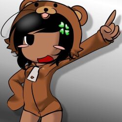 1girl 2ch 4chan ahoge animal_hood bear_hood black_eyes blush blush_stickers breasts brown_hoodie brown_sleeves canihavepromo character_hood clover clover_hair_ornament dark-skinned_female dark_skin grey_background hoodie kuma long_sleeves marie_(canihavepromo) open_mouth pedobear pedobear_(cosplay) pointing real_life sleeves_past_wrists solo thighs zipper_pull_tab