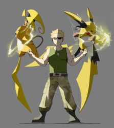  1boy belt blonde_hair boots camouflage camouflage_pants closed_mouth dog_tags electricity full_body green_tank_top highres holding mega_pokemon mega_raichu_x mega_raichu_y mega_stone multiple_tails muscular muscular_male open_mouth orange_fur pants pokemon pokemon_(creature) pokemon_hgss pokemon_legends:_z-a psaber97 raichu short_hair simple_background smile spiky_hair sunglasses surge_(pokemon) tail tank_top very_long_ears very_long_tail yellow_fur 