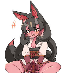  animal_ears bare_legs belt black_fur black_hair blonde_hair blush bracelet brown_belt colored_skin elbow_gloves fang fingerless_gloves fox_ears fox_girl fox_tail fur_trim gloves gold_bracelet highres horns jewelry kemono_friends kemono_friends_3 kinkaku_(kemono_friends) long_hair looking_at_viewer mcgunngu midriff_peek multicolored_hair open_mouth orange_eyes plaid_clothes plaid_skirt pleated_skirt puffy_short_sleeves puffy_sleeves red_skin red_skirt shirt short_sleeves sitting skirt smile tail white_shirt 