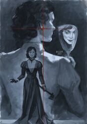  2girls axe black_dress black_gloves black_hair bob_cut collar color_contrast curly_hair dress ecler_ecler gloves highres holding holding_axe holding_mirror looking_at_mirror looking_at_viewer mirror multiple_girls original painterly reflection serious shirt short_hair smirk sparkle v-neck white_shirt 