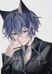  1boy animal_ears black_choker black_shirt blue_eyes blue_hair cat_boy cat_ears choker closed_mouth collared_shirt cross cross_choker crossover extra_ears hair_between_eyes hand_on_own_face highres latin_cross long_sleeves looking_at_viewer male_focus open_collar portrait shirt short_hair shugo_chara! simple_background smile solo tengyuan_bei_ze tsukiyomi_ikuto white_background 