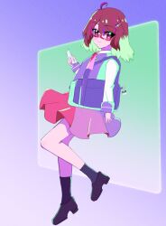  1girl abstract_background ahoge alternate_costume ascot bag black_socks bone_vone brown_hair brown_shoes cellphone commentary_request floating_clothes from_side glasses gradient_background green_background green_light highres holding holding_phone kneehighs long_sleeves looking_at_viewer medium_hair panda_ornament phone pink_background pink_light purple_background purple_bag purple_light purple_trim red-framed_eyewear red_ascot red_eyes red_skirt shirt shoes shoulder_bag skirt smartphone smile socks solo stepping touhou turning_head usami_sumireko white_shirt 