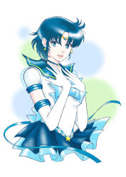  1girl absurdres back_bow bishoujo_senshi_sailor_moon bishoujo_senshi_sailor_moon_stars blue_bow blue_choker blue_eyes blue_hair blue_sailor_collar blue_skirt bow breasts brooch choker circlet earrings elbow_gloves gloves highres jewelry layered_skirt mizuno_ami puffy_short_sleeves puffy_sleeves sailor_collar sailor_mercury short_hair short_sleeves simple_background skirt small_breasts solo star_(symbol) star_brooch star_choker super_sailor_mercury_(stars) wheather white_background white_gloves 
