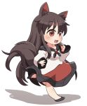  1girl animal_ears blush brown_hair dress fang full_body highres imaizumi_kagerou long_hair long_sleeves open_mouth red_dress red_eyes rokugou_daisuke signature simple_background smile solo standing standing_on_one_leg tail touhou white_background white_dress wolf_ears wolf_tail 