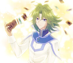  1boy backlighting card closed_mouth deck_of_cards floating_card fujiwara_yuusuke green_hair jacket light_particles long_hair long_sleeves looking_at_viewer male_focus moisukii playing_card violet_eyes white_jacket yu-gi-oh! yu-gi-oh!_gx 
