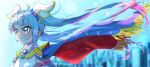  1girl ahoge animal blue_cape blue_eyes blue_hair cape character_name closed_mouth commentary cure_sky cut_bangs earclip earrings fox highres hirogaru_sky!_precure holding holding_animal jewelry long_hair looking_to_the_side magical_girl multicolored_hair pink_hair precure red_cape single_sidelock smile solo sora_harewataru streaked_hair tsukuda_hayato twintails two-sided_cape two-sided_fabric wind wing_hair_ornament 