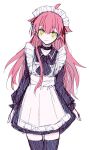  1girl apron bakara_(19083210) black_choker black_thighhighs blush choker closed_mouth green_eyes highres imai_misa long_hair long_sleeves maid maid_apron maid_headdress redhead sketch smile solo sweatdrop thigh-highs toraware_no_yakata white_background 