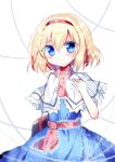 1girl absurdres alice_margatroid blonde_hair blue_dress blue_eyes blush book chisen_maimai dress headband highres holding holding_book looking_at_viewer red_headband short_hair simple_background smile solo thread touhou white_background 