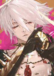  1boy chest_jewel collar eyeshadow eyeshadow_under_eye fate/grand_order fate_(series) highres indian_clothes karna_(fate) makeup male_focus neko_no_kedama pale_skin red_eyeshadow solo spiked_collar spikes upper_body white_hair 