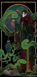  1boy black_background black_hair bone border cape chinese_clothes closed_mouth colored_lineart colored_smoke colored_tips earrings eyeliner fingernails fire full_body fur-trimmed_robe fur_trim ginkgo_leaf_print gold_border gold_earrings gold_trim green_background green_eyeliner green_eyes green_fire green_hair green_hanfu green_robe green_theme hair_bun hanfu hanging_lantern highres holding holding_lantern jewelry lantern layered_clothes long_hair long_sleeves makeup male_focus multicolored_hair outside_border pile_of_skulls pointy_ears print_robe qi_rong rakiah red_cape red_sleeves robe sharp_fingernails single_hair_bun skull sleeves_past_wrists smile smoke solo standing tianguan_cifu torn_clothes torn_robe wide_sleeves xiao_guan_(headdress) 
