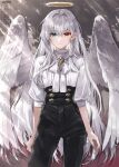 1girl angel angel_wings aqua_eyes artist_name black_pants bow braid brown_eyes closed_mouth expressionless fashion grey_background hair_intakes halo heterochromia long_hair looking_at_viewer original pants puffy_sleeves shiromine_kana shirt sidelocks single_braid solo standing straight-on watermark white_bow white_hair white_shirt white_wings wings 