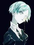  1other androgynous aqua_eyes aqua_hair black_background black_shirt broken collared_shirt colored_skin crack crystal_hair gem gem_uniform_(houseki_no_kuni) gold head_tilt high_collar highres hollow_eyes houseki_no_kuni leaking liquid looking_up molten_metal necktie no_pupils open_mouth other_focus parted_bangs parted_lips phosphophyllite puffy_short_sleeves puffy_sleeves red_pupils shirt short_hair short_sleeves simple_background solo user_rcnj5772 white_eyes white_shirt white_skin wing_collar 