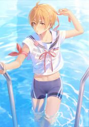  1boy :t absurdres aheuretokki ahoge commentary_request ensemble_stars! headband highres male_focus mashiro_tomoya midriff navel orange_hair pool pool_ladder short_hair solo standing water 