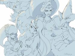  2boys 3girls armor beak beard bird_boy bird_wings braid breasts closed_mouth crop_top crossed_arms crown_braid daruk facial_hair facial_mark fins fish_girl furrowed_brow gerudo goron greyscale head_fins highres jewelry long_hair medium_breasts midriff mipha monochrome monster_boy monster_girl multiple_boys multiple_girls muscular muscular_male mustache navel open_mouth parted_bangs pointy_ears pointy_nose ponytail princess_zelda revali rito shading_eyes shoulder_armor smile the_legend_of_zelda the_legend_of_zelda:_breath_of_the_wild thick_eyebrows tsuyuga twitter_username upper_body urbosa white_background wings zora 