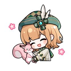  1girl ^_^ animal_hug aqua_gemstone argyle_clothes argyle_hat artist_request beanie black_gloves blunt_bangs blush_stickers bow bowtie brown_hair buttons cape closed_eyes cropped_torso cushion_squirrel fingerless_gloves flower gem gem_hat_ornament gloves green_bow green_bowtie green_cape green_hat happy hat hat_bow hat_feather infinity_nikki long_sleeves meadow_symphony_(infinity_nikki) medium_hair nikki_(series) official_art open_mouth pink_flower puffy_long_sleeves puffy_sleeves shirt smile squirrel transparent_background white_shirt 